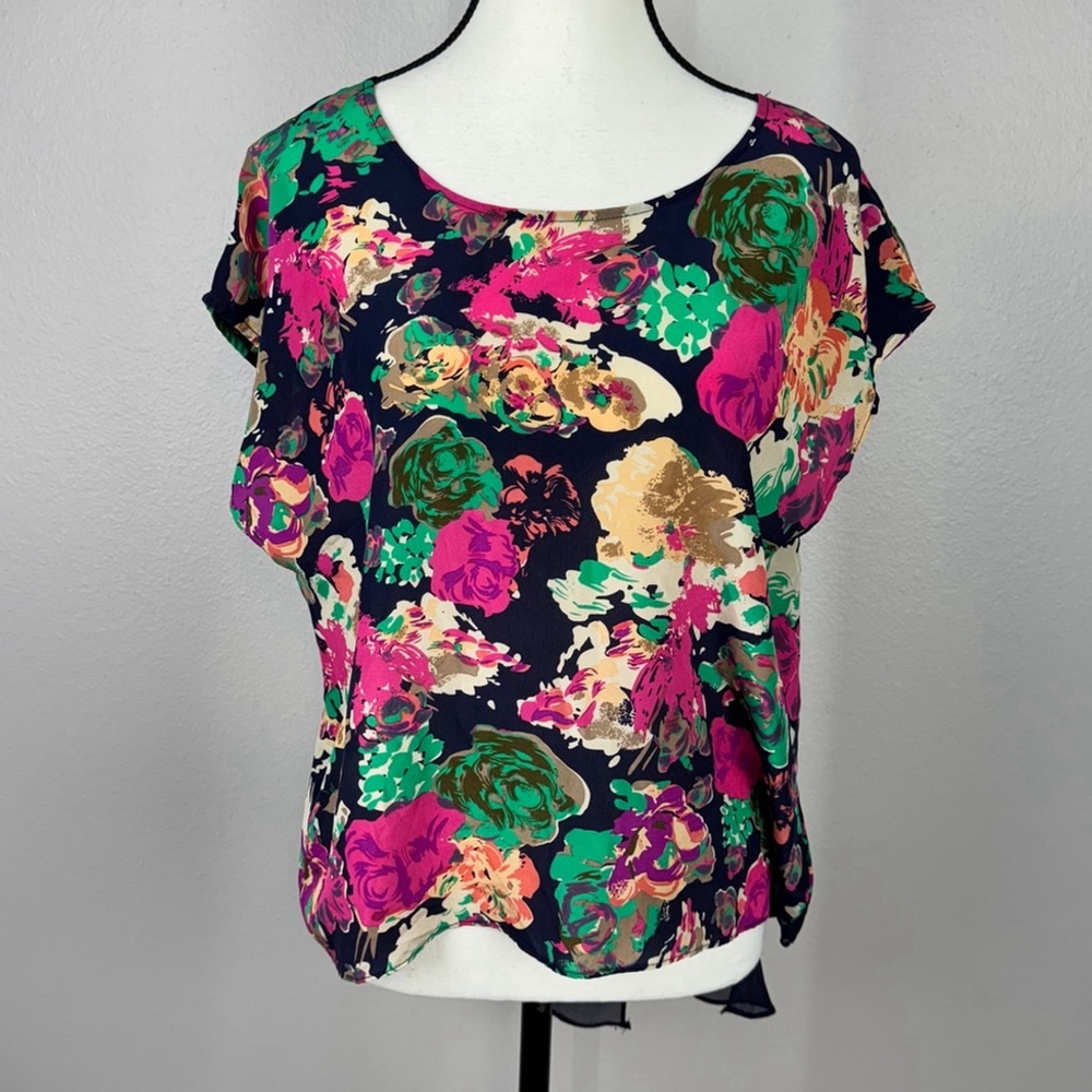 Maeve Komal Floral Top Blouse Womens 6 Blue Floral Boho Casual Pure Silk Hi Low - Picture 2 of 10